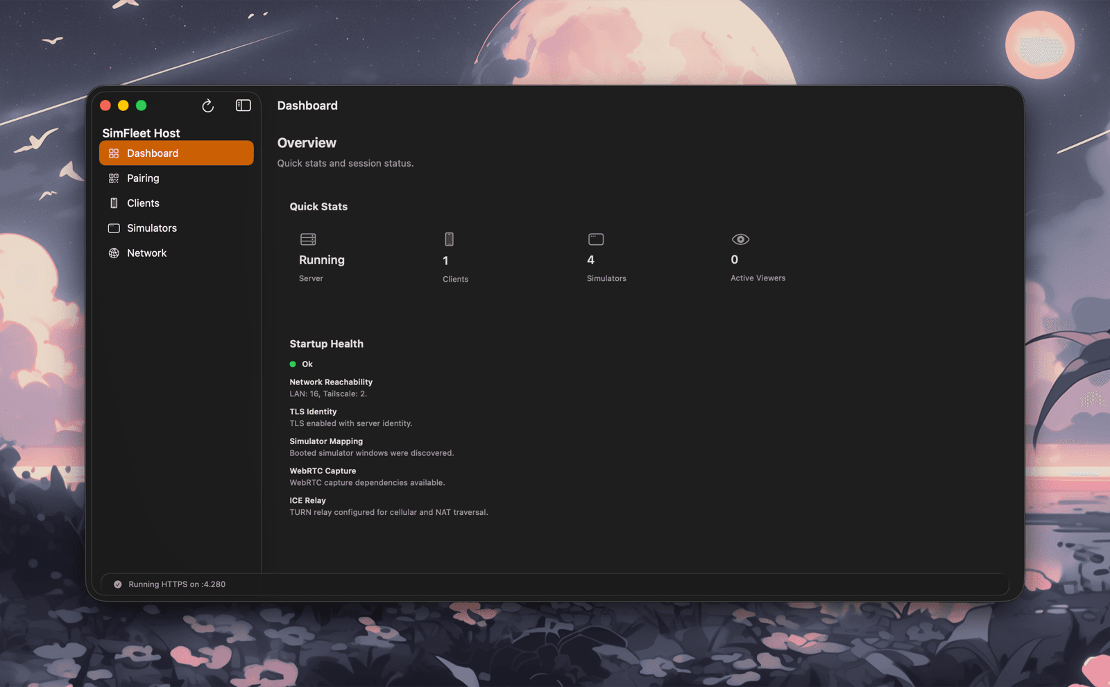 SimFleet macOS host showing the simulator dashboard